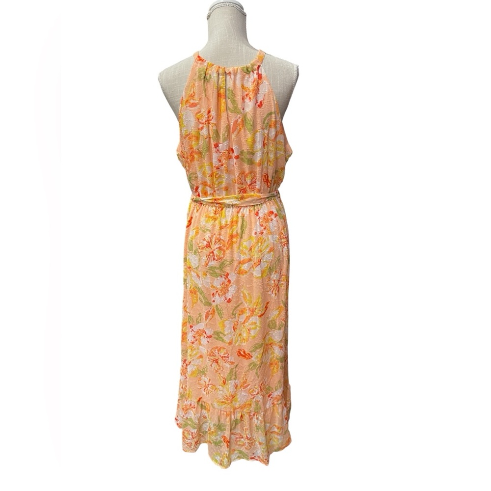 Harlow & Rose Halter Neck Floral Shear Tiered Maxi Dress Peach Floral Size L